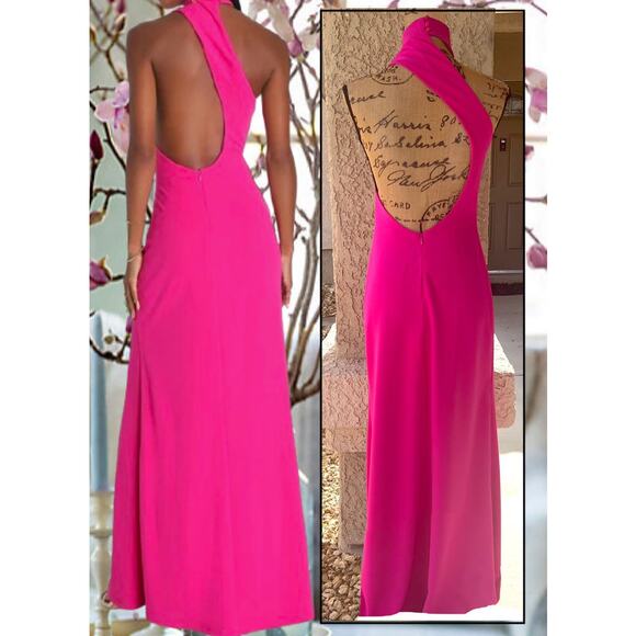 Lulus Hot Pink Asymmetrical Cutout Halter Keep It Interesting Maxi Dress Size M - Picture 3 of 12